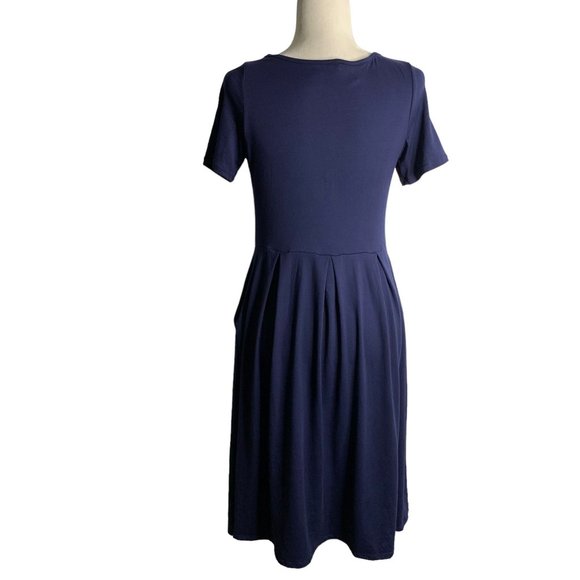 24 Seven Comfort Apparel Pleated Midi Dress S Navy Blue Short Sleeves Pockets - Picture 4 of 6